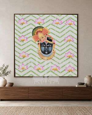 Shrinathji Portrait on Green Chevrons — slim-frame room mockup 1 with Nakhrro watermark