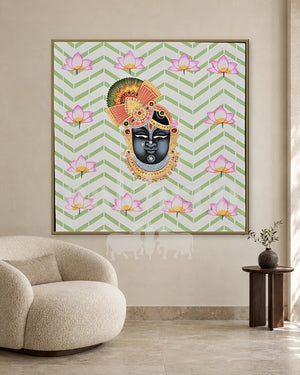 Shrinathji Portrait on Green Chevrons — slim-frame room mockup 2 with Nakhrro watermark