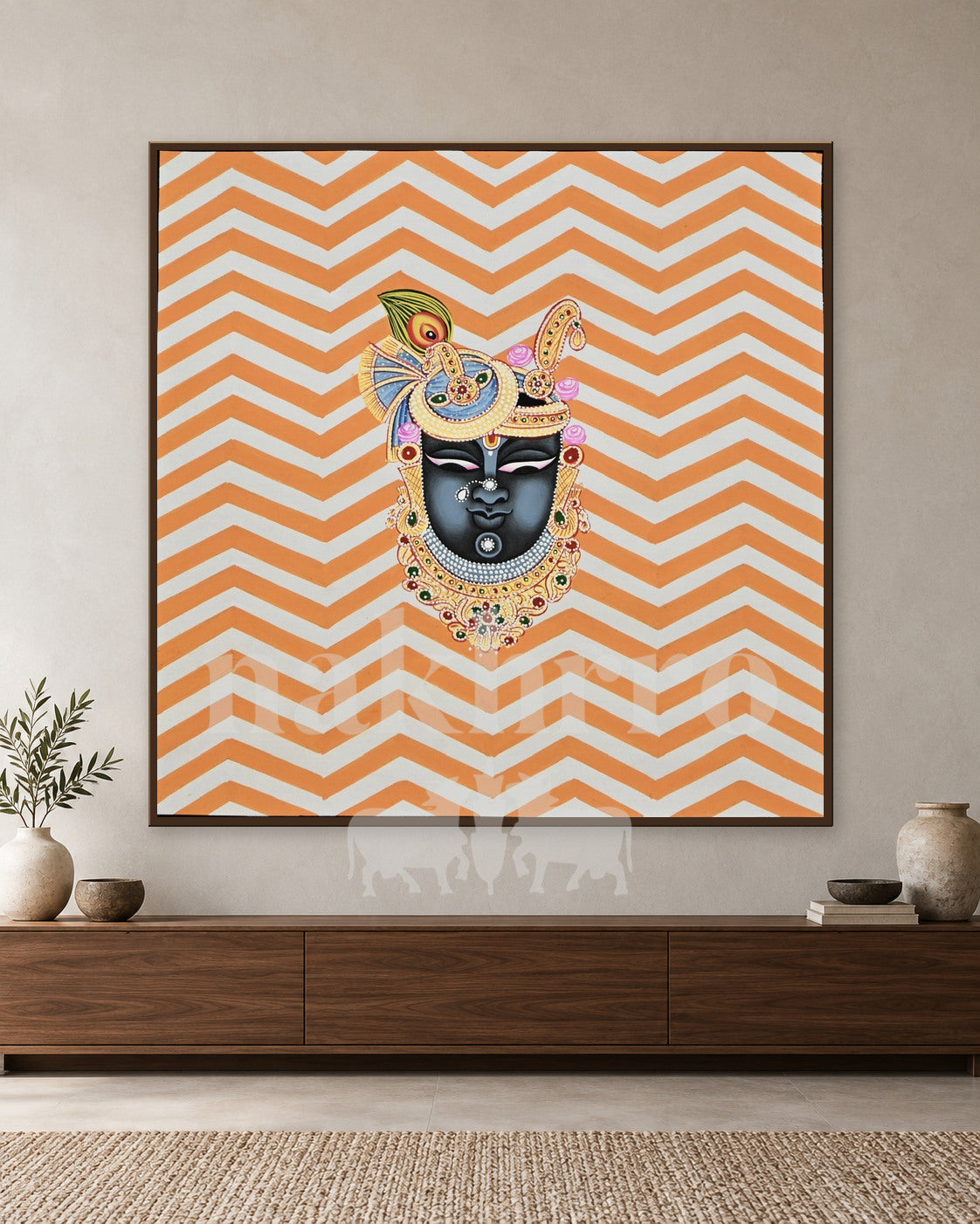 Shrinathji Portrait on Orange Chevrons — slim-frame room mockup 1 with Nakhrro watermark