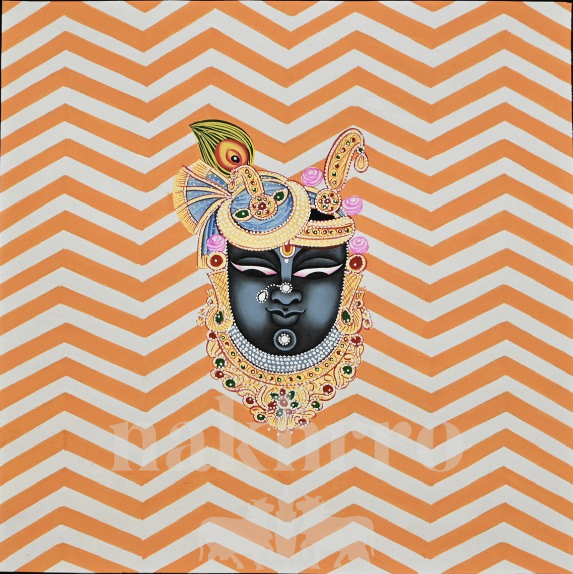 Shrinathji Portrait on Orange Chevrons — full artwork with Nakhrro watermark