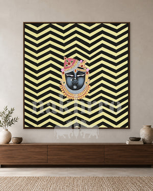 Shrinathji Portrait on Yellow and Black Chevrons — slim-frame room mockup 1 with Nakhrro watermark