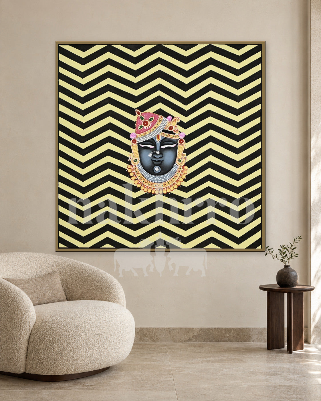 Shrinathji Portrait on Yellow and Black Chevrons — slim-frame room mockup 2 with Nakhrro watermark