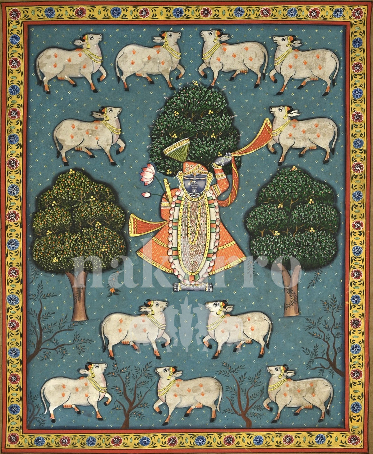 Shrinathji beneath sacred trees in teal — museum-grade art print with Nakhrro watermark