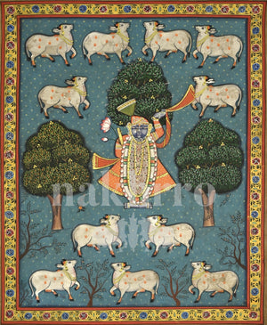 Shrinathji beneath sacred trees in teal — museum-grade art print with Nakhrro watermark