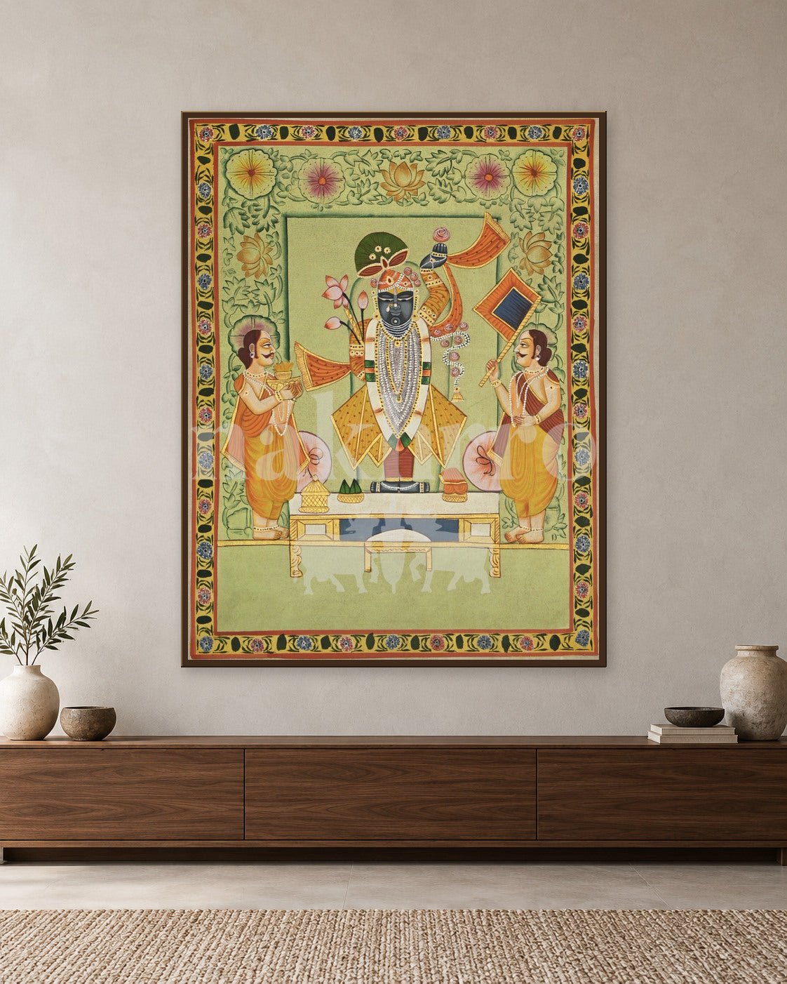 Shrinathji Temple Darshan with Attendants — slim-frame room mockup 1 with Nakhrro watermark
