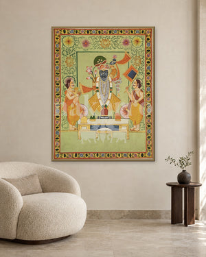 Shrinathji Temple Darshan with Attendants — slim-frame room mockup 2 with Nakhrro watermark