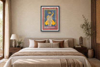 Shrinathji in Winter Shringaar Pichwai museum-grade art print in a bedroom