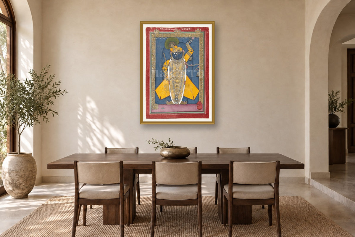 Shrinathji in Winter Shringaar Pichwai museum-grade art print in a dining room