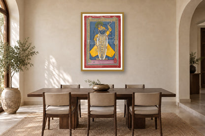 Shrinathji in Winter Shringaar Pichwai museum-grade art print in a dining room