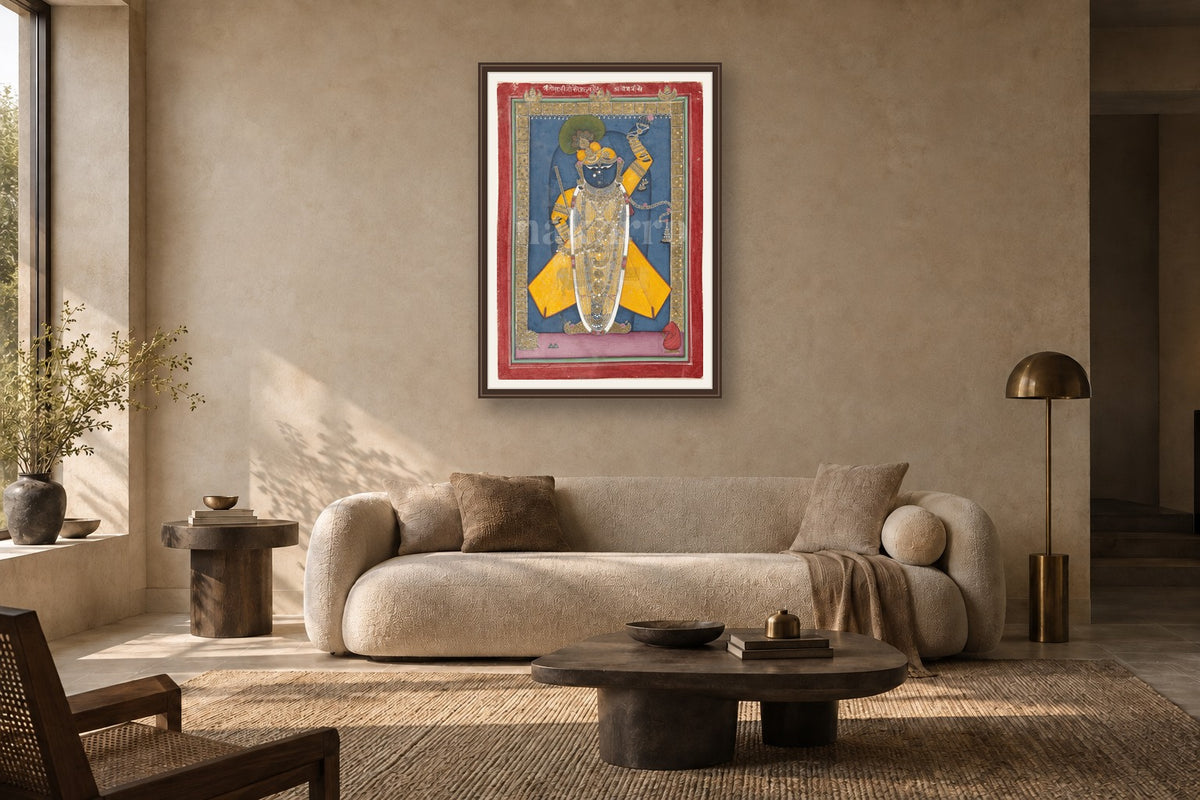 Shrinathji in Winter Shringaar Pichwai museum-grade art print in a living room