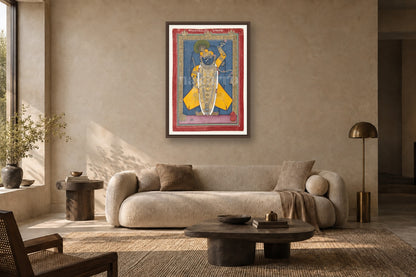 Shrinathji in Winter Shringaar Pichwai museum-grade art print in a living room