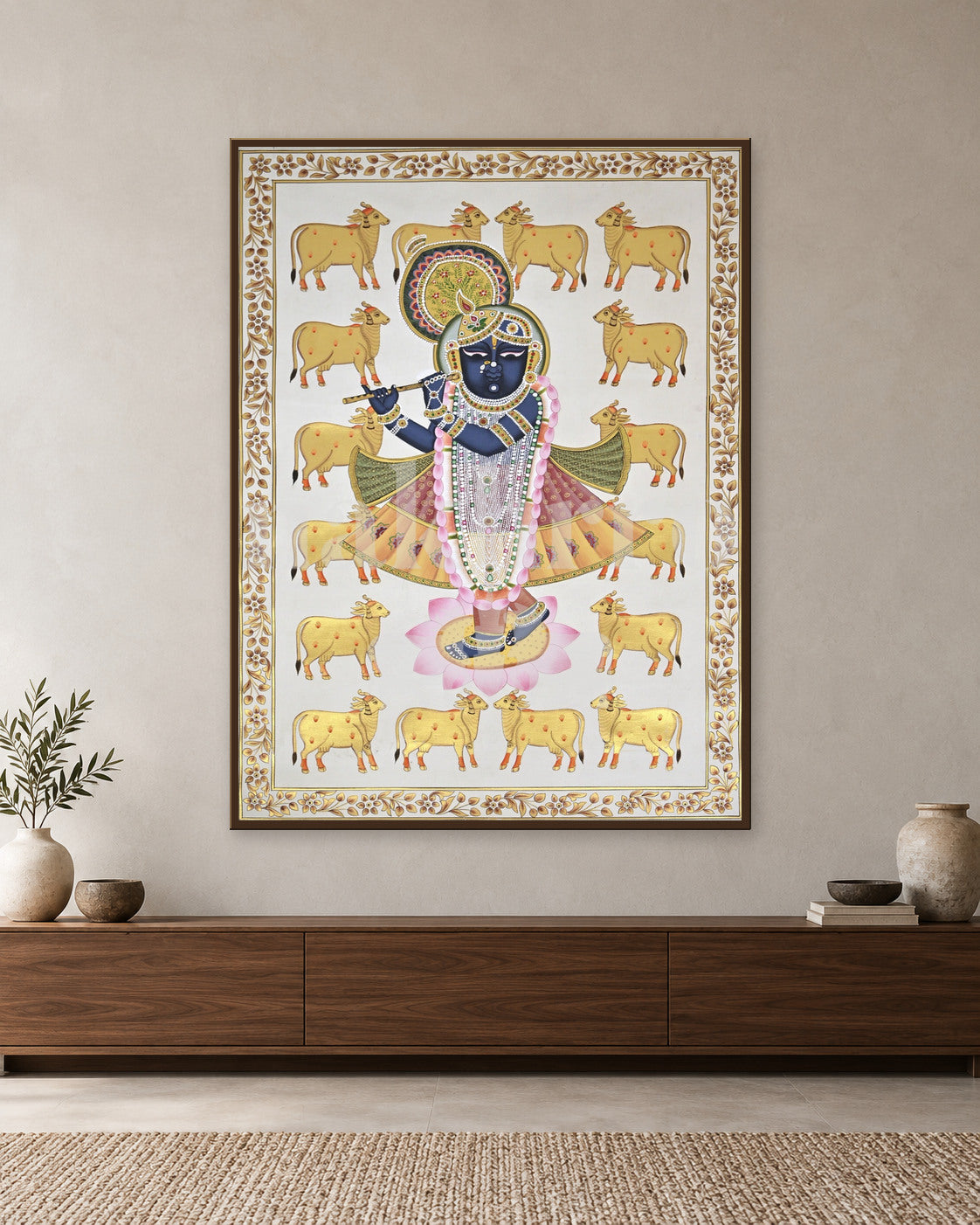 Shrinathji with Golden Cows on Ivory — slim-frame room mockup 1 with Nakhrro watermark