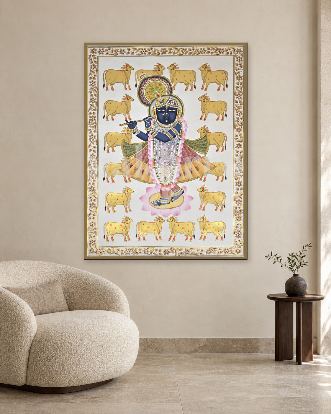 Shrinathji with Golden Cows on Ivory — slim-frame room mockup 2 with Nakhrro watermark