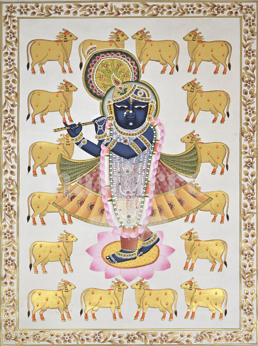 Shrinathji with Golden Cows on Ivory — full artwork with Nakhrro watermark