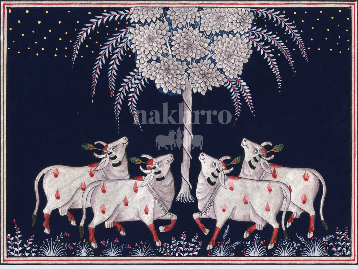 Silver-Toned Cows beneath a Flowering Tree — artwork