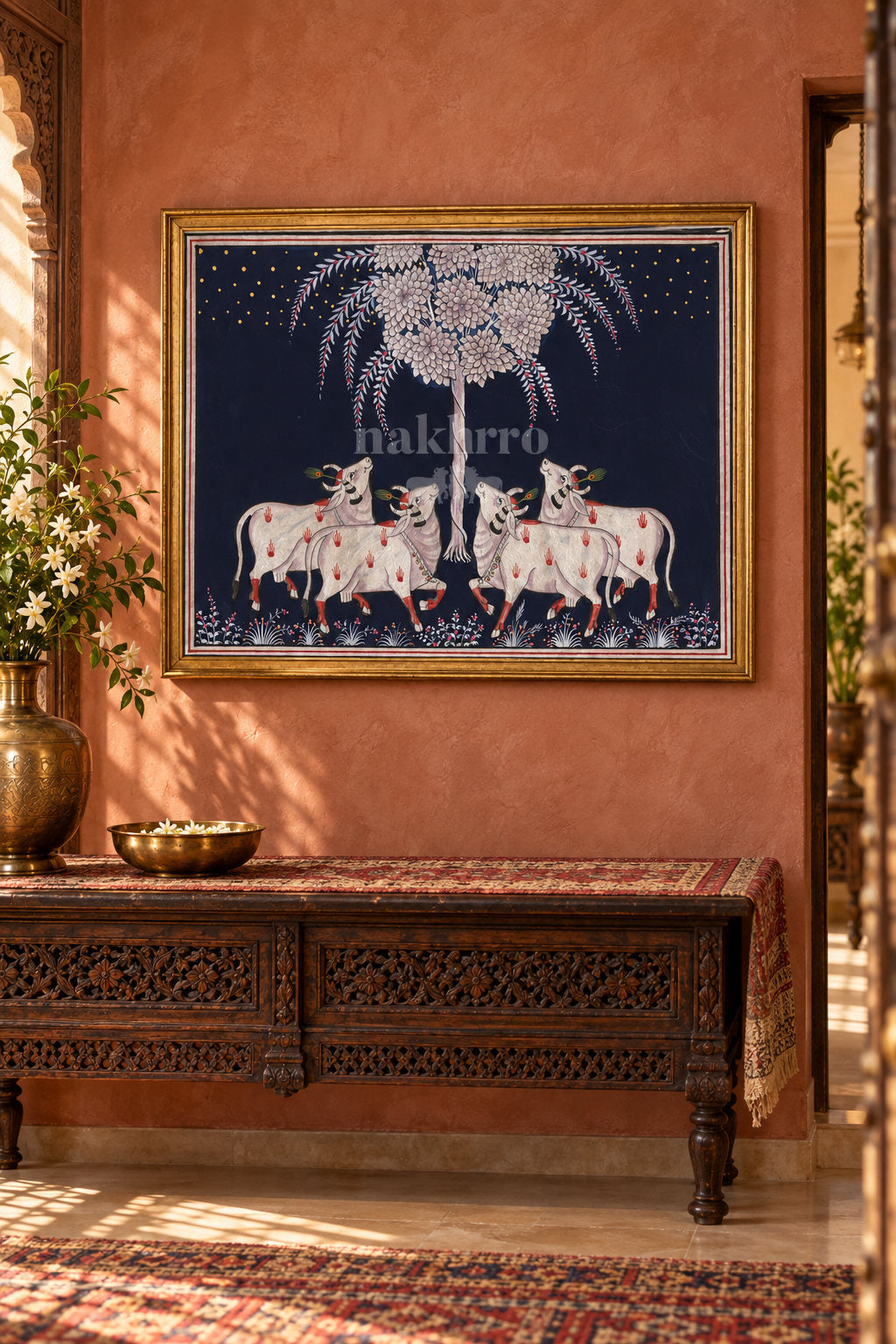Silver-Toned Cows beneath a Flowering Tree — entryway styling mockup