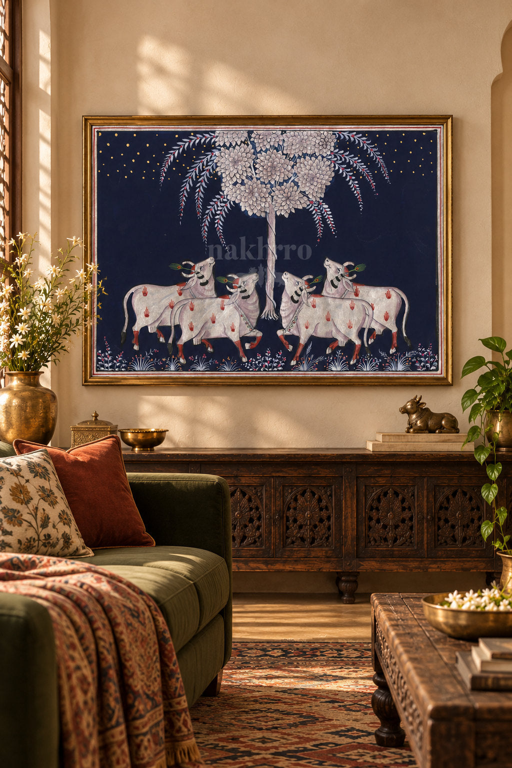 Silver-Toned Cows beneath a Flowering Tree — living room styling mockup