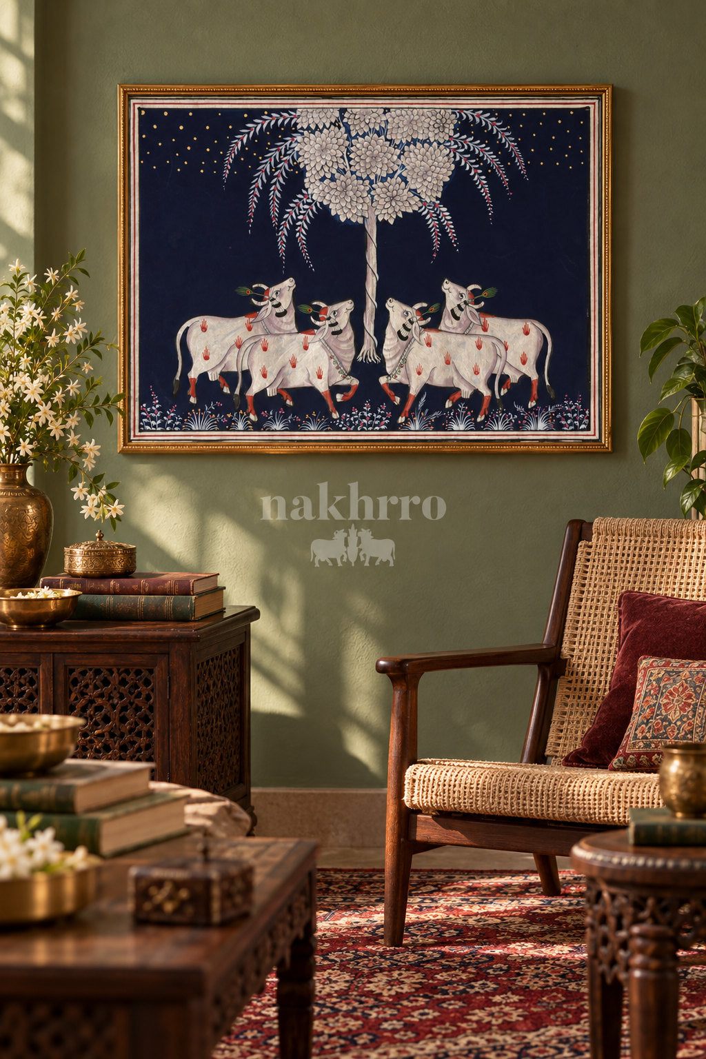 Silver-Toned Cows beneath a Flowering Tree — reading room styling mockup