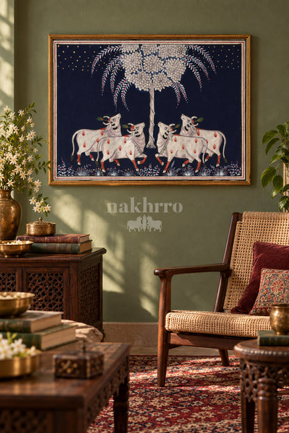 Silver-Toned Cows beneath a Flowering Tree — reading room styling mockup