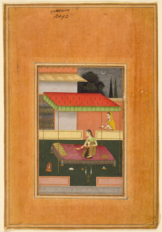 A small figure occupies a compact palace scene surrounded by a generous ochre manuscript margin, giving the work an intimate sense of scale.