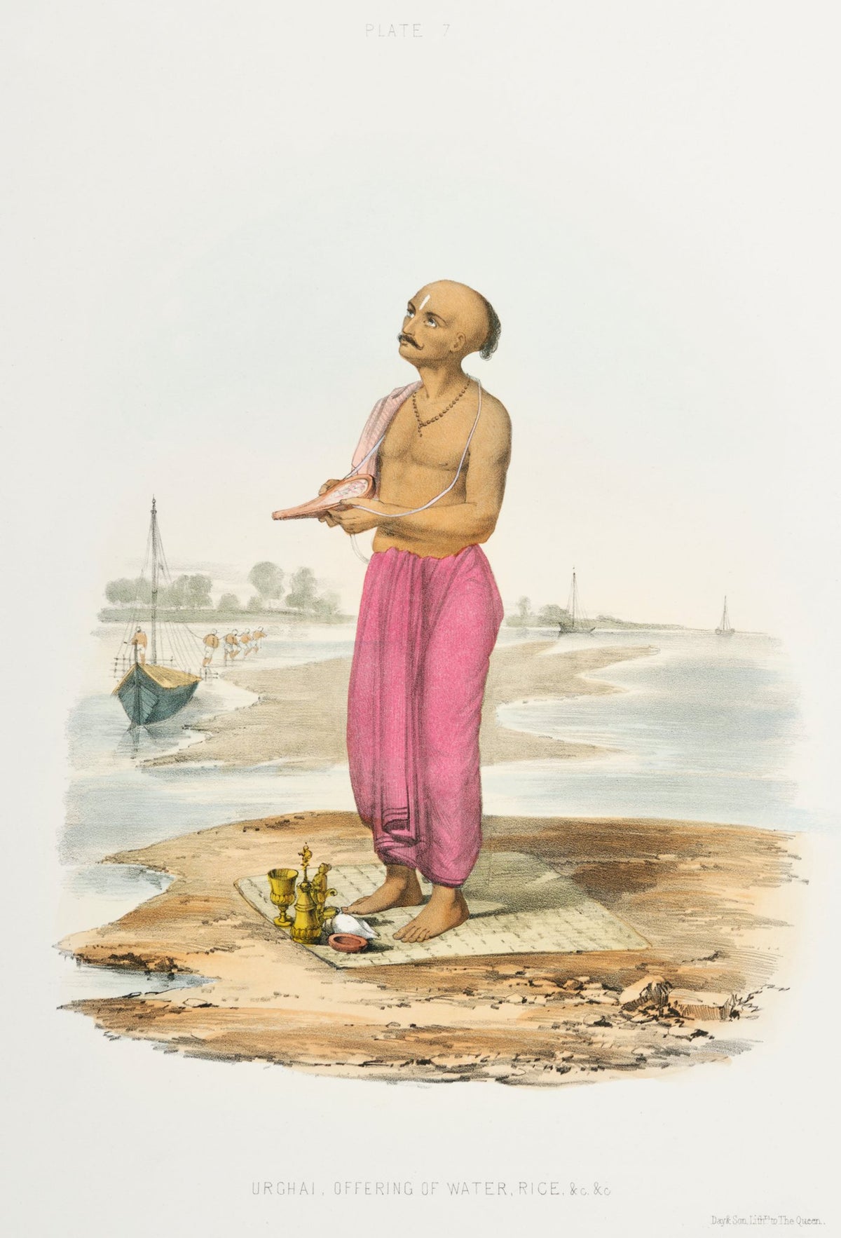 A priest in a magenta drape stands beside a river, with fine details of vessels, shoreline and distant buildings.