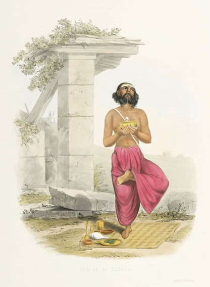 Historical Surya worship print showing priest with a lamp beside a column