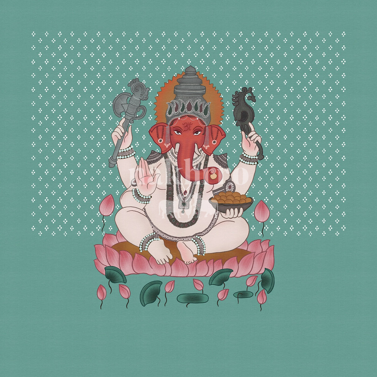 Ganesha seated on a lotus against a teal patterned background