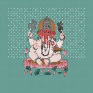 Ganesha seated on a lotus against a teal patterned background