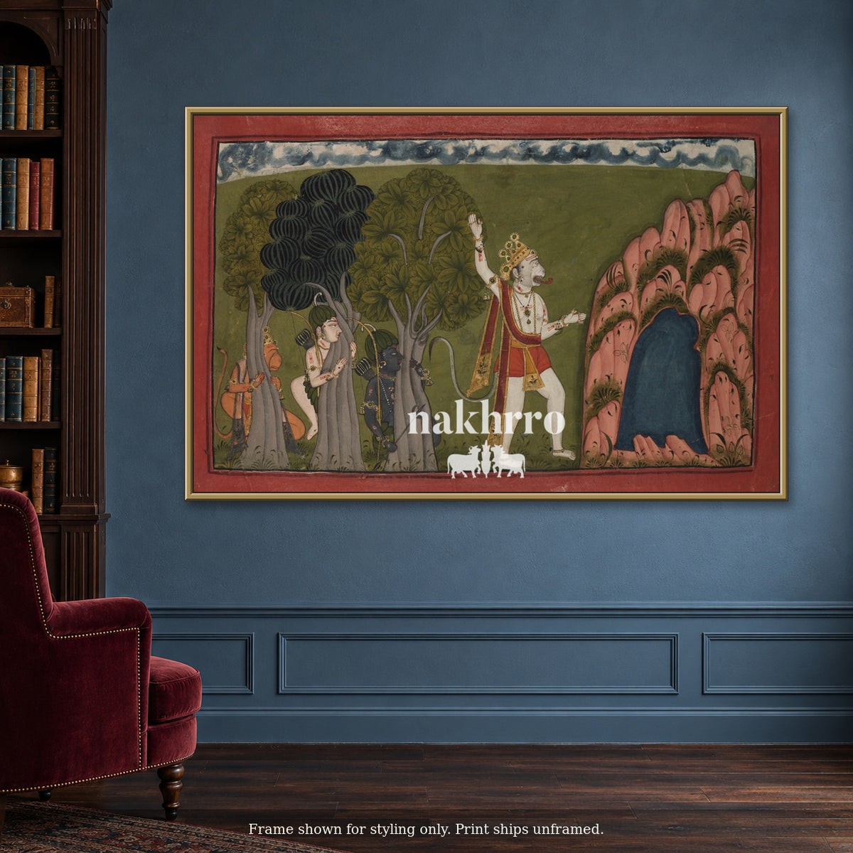 The Forest Encounter — blue reading room framed styling mockup, print ships unframed
