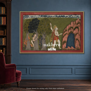 The Forest Encounter — blue reading room framed styling mockup, print ships unframed