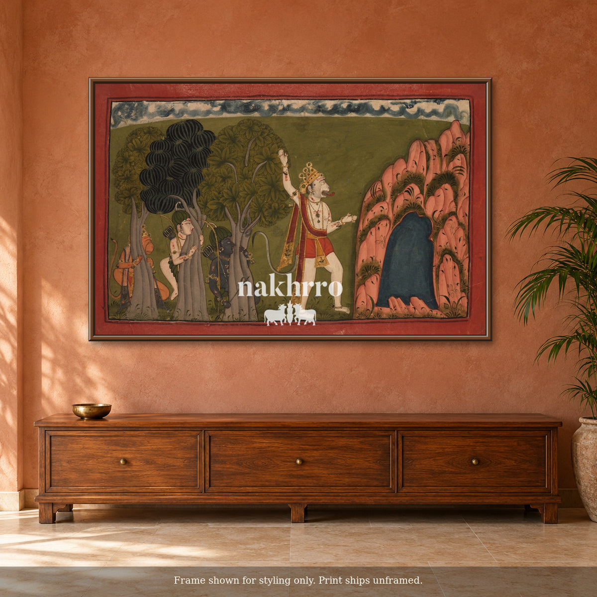 The Forest Encounter — terracotta room framed styling mockup, print ships unframed