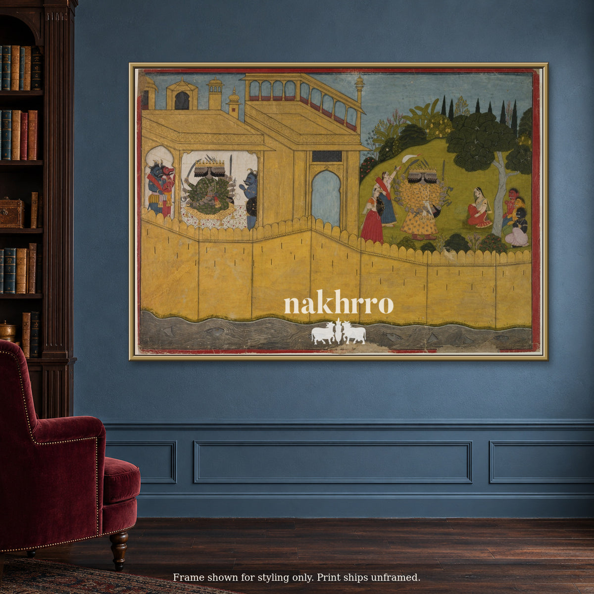 The Golden Palace and Garden — blue reading room framed styling mockup, print ships unframed