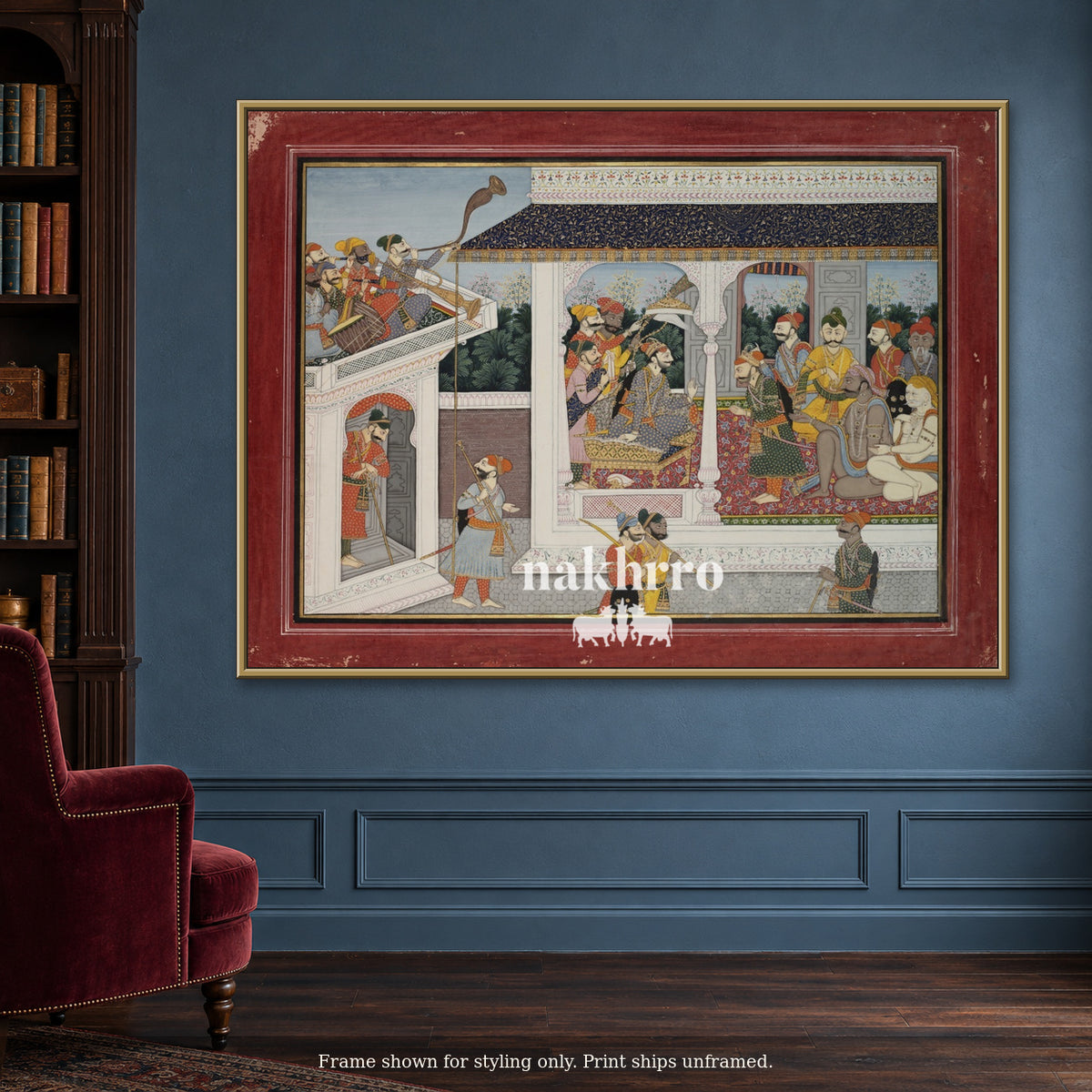The Royal Assembly — blue reading room framed styling mockup, print ships unframed