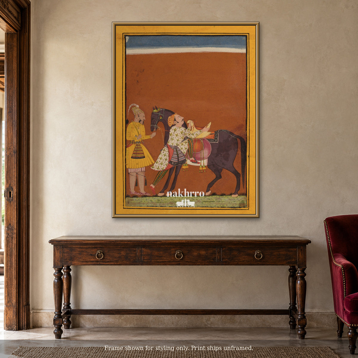 The Royal Horse and Attendants — warm foyer framed styling mockup, print ships unframed
