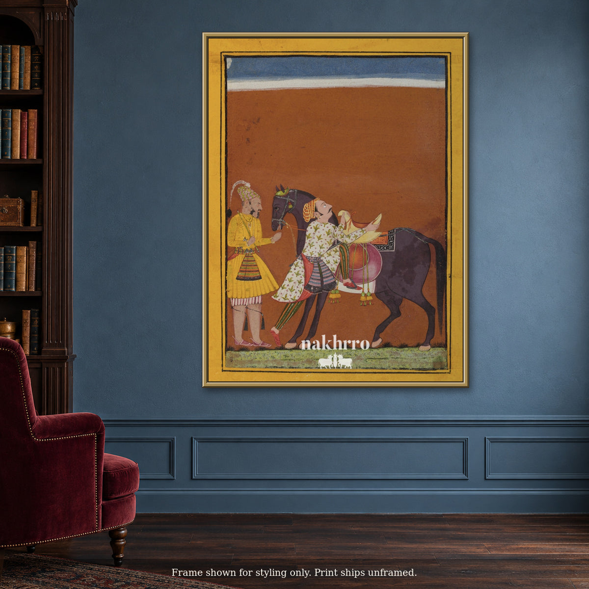 The Royal Horse and Attendants — blue reading room framed styling mockup, print ships unframed