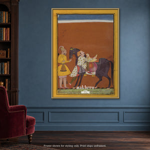 The Royal Horse and Attendants — blue reading room framed styling mockup, print ships unframed