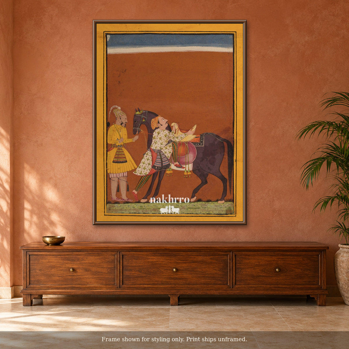 The Royal Horse and Attendants — terracotta room framed styling mockup, print ships unframed