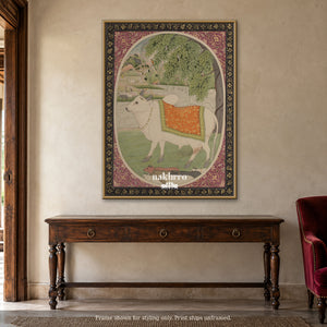 The White Cow Beneath the Trees — warm foyer framed styling mockup, print ships unframed