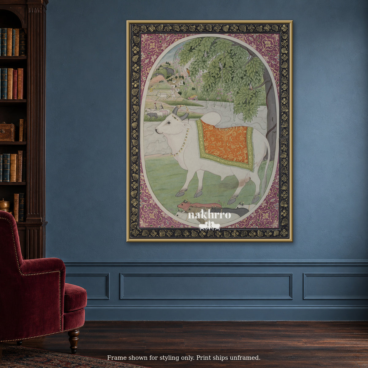 The White Cow Beneath the Trees — blue reading room framed styling mockup, print ships unframed