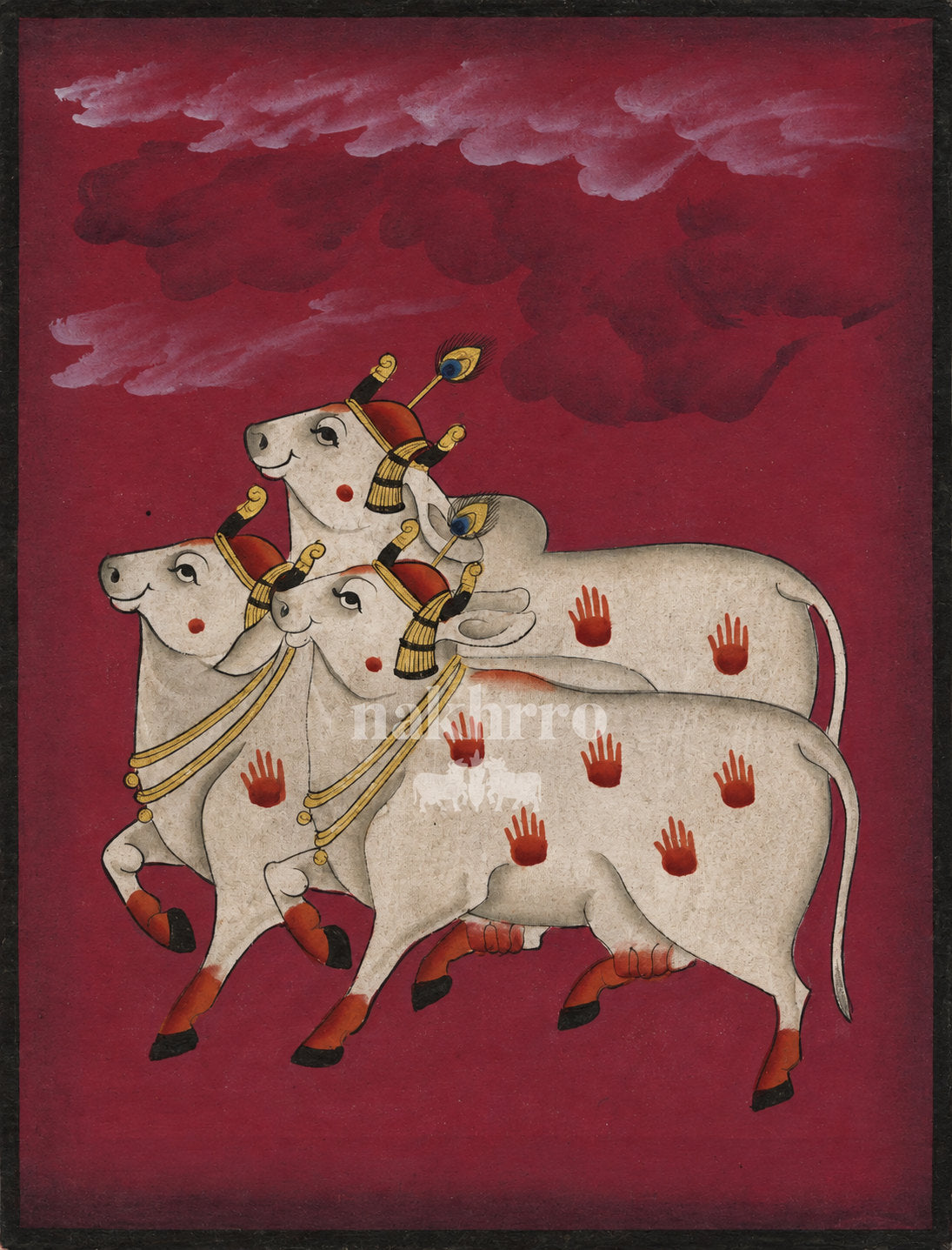Three Cows beneath Maroon Clouds | Pichwai Museum-Grade Art Print