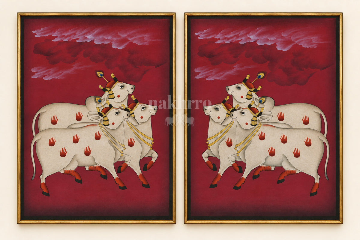 Three Cows beneath Maroon Clouds | Mirrored Pichwai Gallery Wall Set of Two