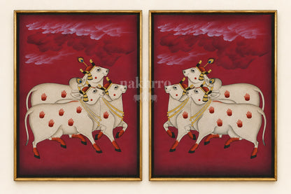 Three Cows beneath Maroon Clouds | Mirrored Pichwai Gallery Wall Set of Two