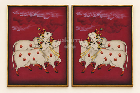Three Cows beneath Maroon Clouds | Mirrored Pichwai Gallery Wall Set of Two