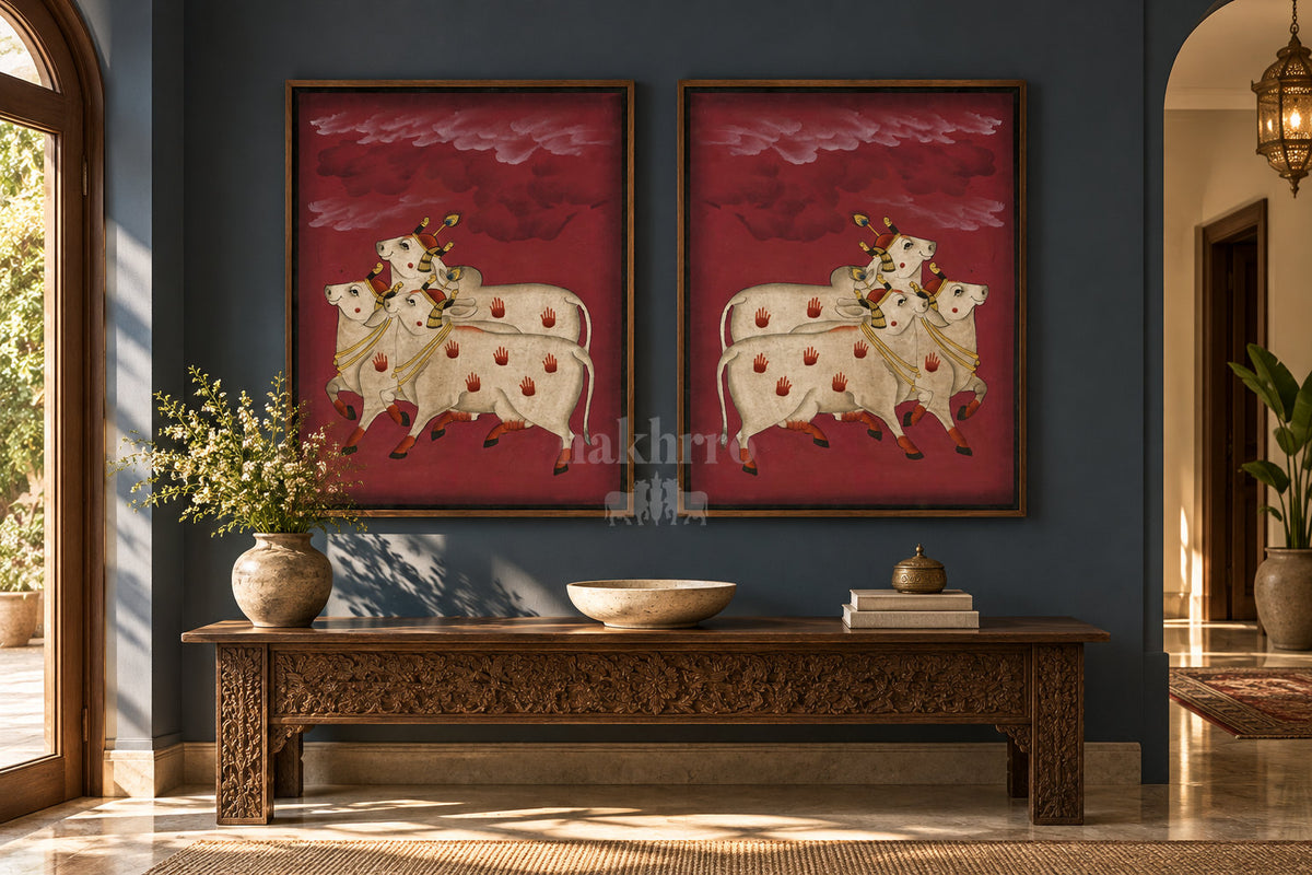 Three Cows beneath Maroon Clouds — gallery wall room view 2