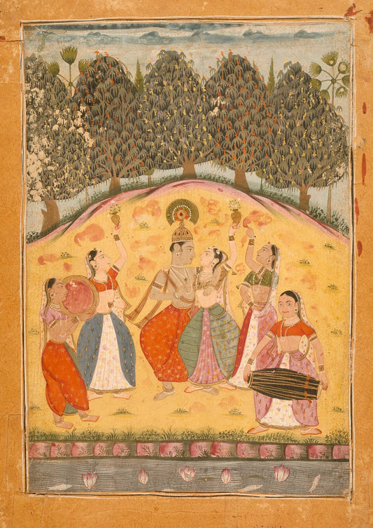 A three-headed seated figure is accompanied by musicians within a wooded enclosure, rendered in warm ochre, green and faded rose.