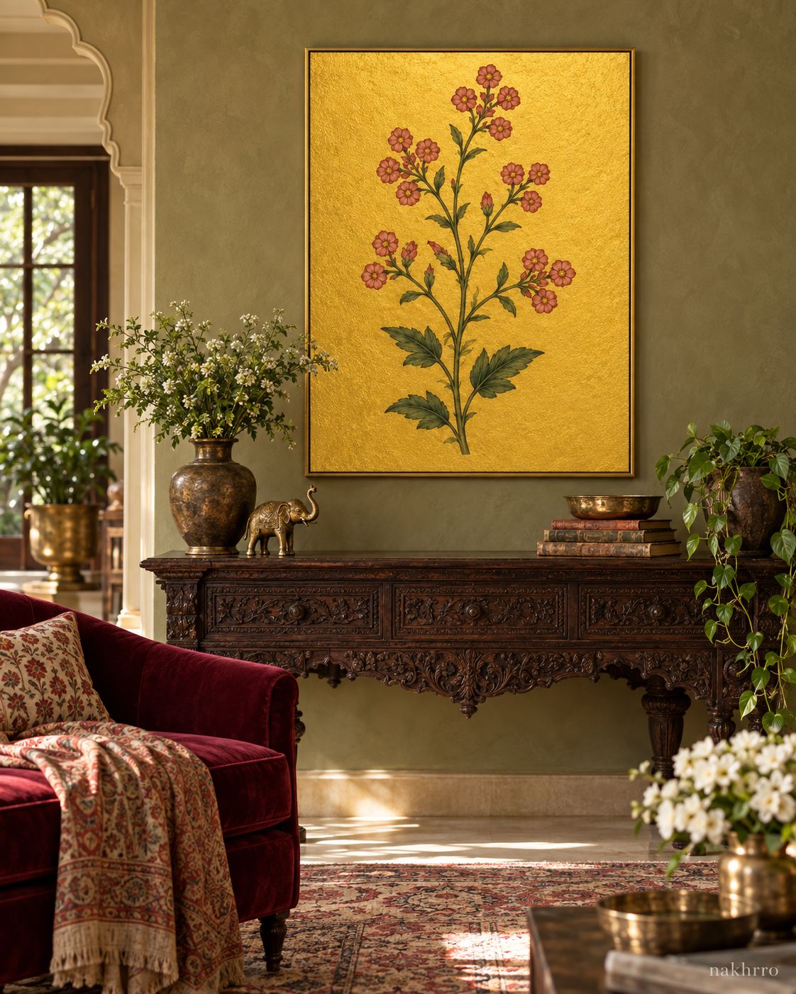 Tiny Rose Flower Clusters on Gold | Mughal Botanical Art Print in a styled room