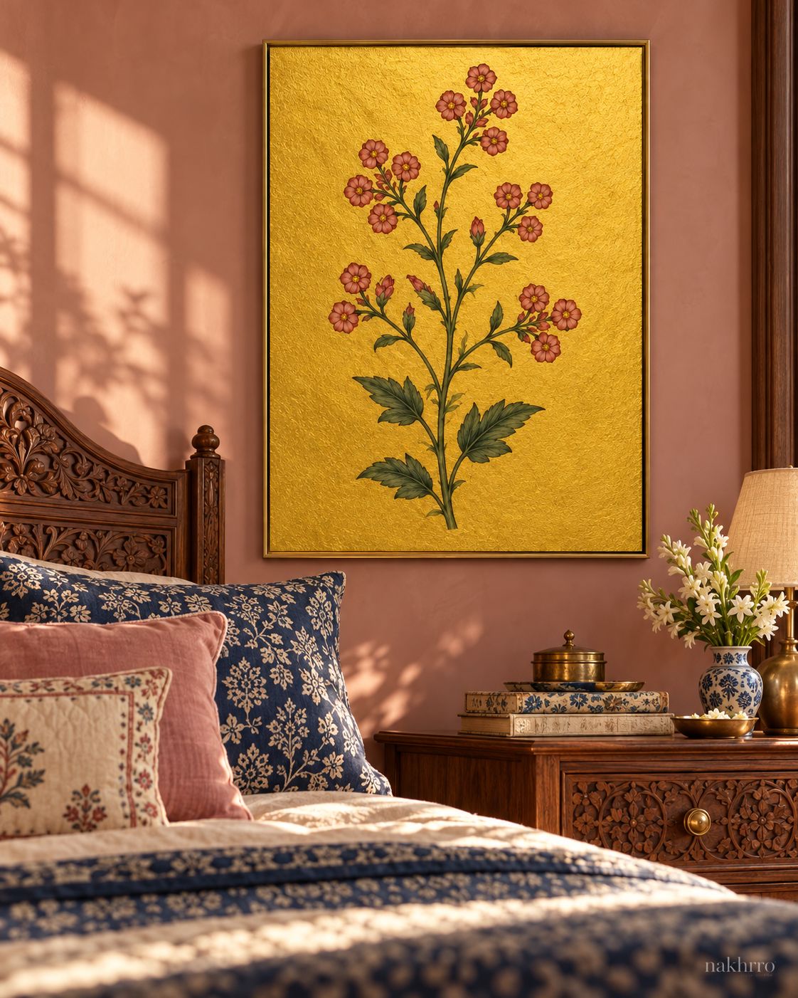 Tiny Rose Flower Clusters on Gold | Mughal Botanical Art Print in a styled room