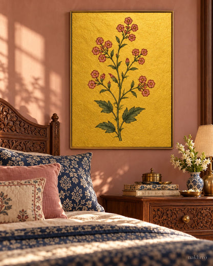 Tiny Rose Flower Clusters on Gold | Mughal Botanical Art Print in a styled room