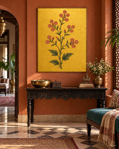 Tiny Rose Flower Clusters on Gold | Mughal Botanical Art Print in a styled room