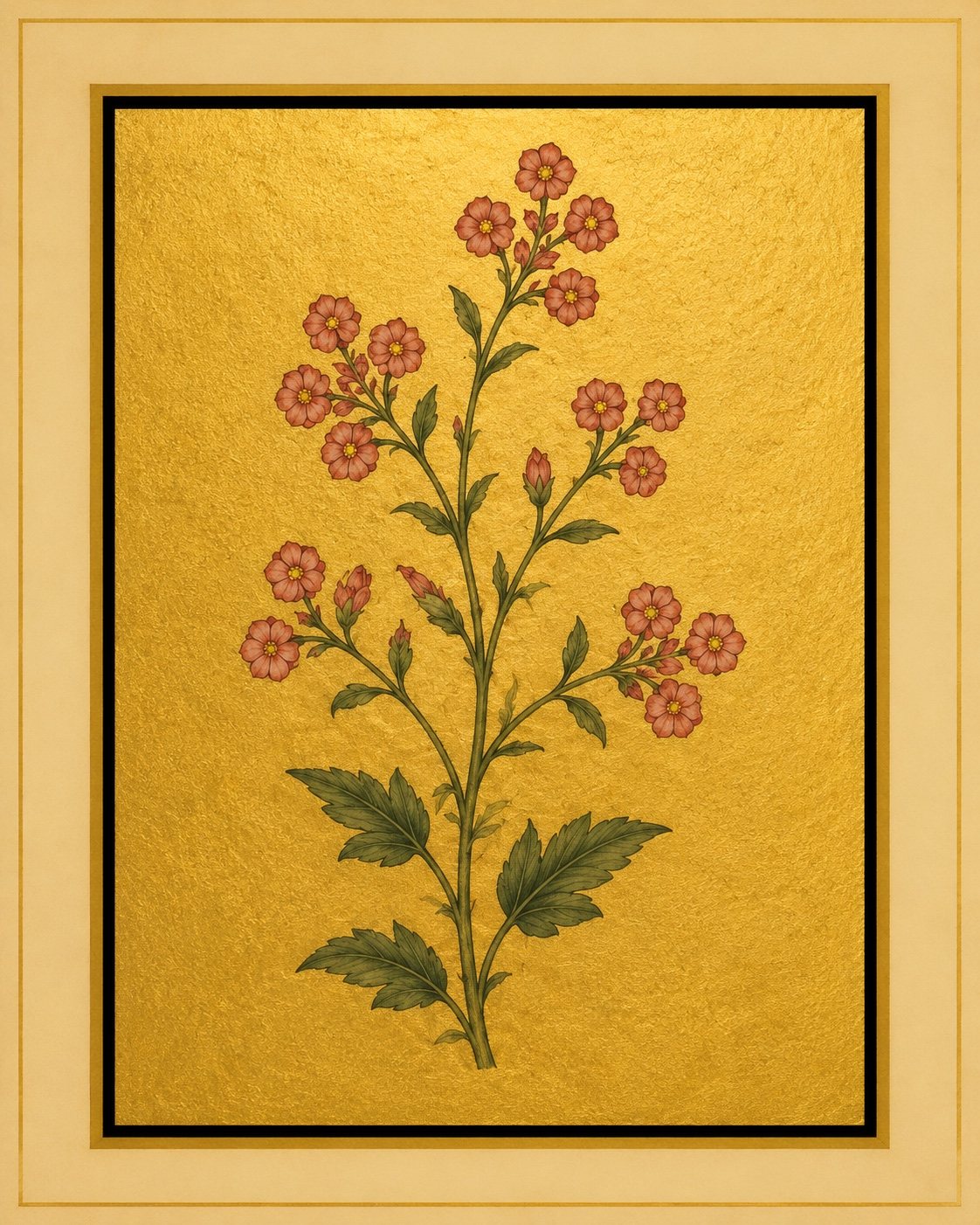 Small rose-pink flowers cluster along branching stems above serrated green leaves. Gold-ground botanical art.